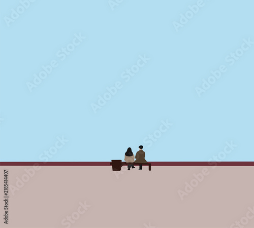 Young couple sitting on bench looking at the view enjoying joyful moment outdoors. Holiday vacation.