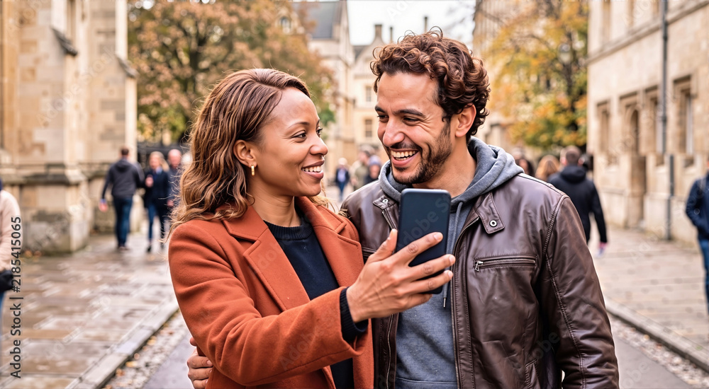Fototapeta premium Smiling happy couple taking a selfie on smartphone while standing on historic cobblestone street in autumn. Man and woman looking at mobile phone screen during vacation travel in city