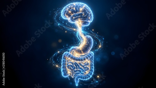 Glowing neon blue and orange anatomical illustration of the gut-brain axis showing the vagus nerve connecting the human brain to the digestive system.