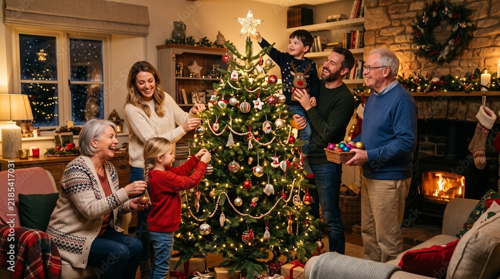 Obraz premium Multi generational family joyfully decorating a Christmas tree together in a cozy living room with a fireplace