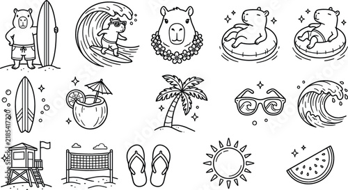 Cute Capybara Summer Vacation Line Art Icon Set featuring Surfing Animals Coconut Drink Palm Tree Waves and Beach Elements for Coloring Page Graphic Designs
