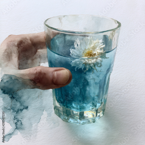 Hand gently holds glass filled with water in which single white flower floats creating an artistic and serene composition. Watercolor.