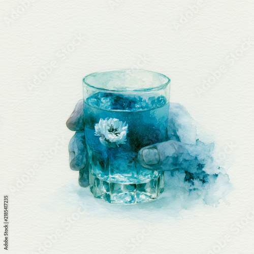 Hand gently holds glass filled with water in which single white flower floats creating an artistic and serene composition. Watercolor.