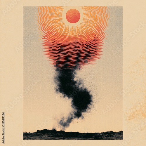 Climate Change and Heatwave its devastating impact, symbolized by sun and dark smoke rising from the parched earth.