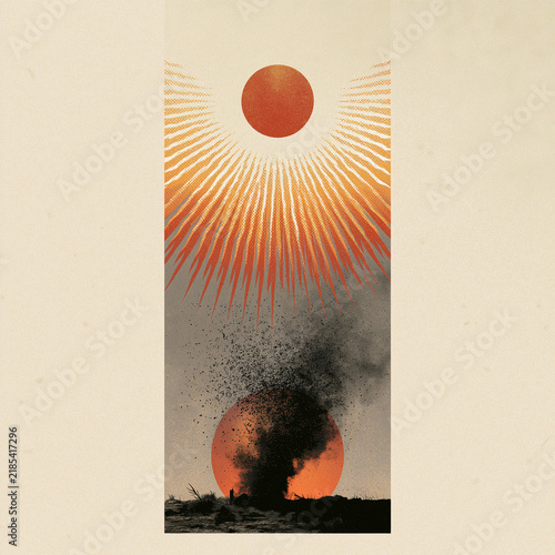 Climate Change and Heatwave its devastating impact, symbolized by sun and dark smoke rising from the parched earth.