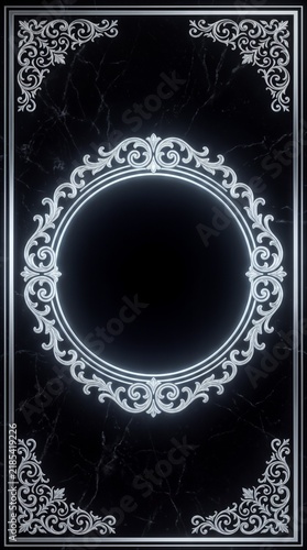 Vertical silver glowing ornate frame with a blank circular center on a black marble background, luxury classic elegance, social media template for smartphone stories