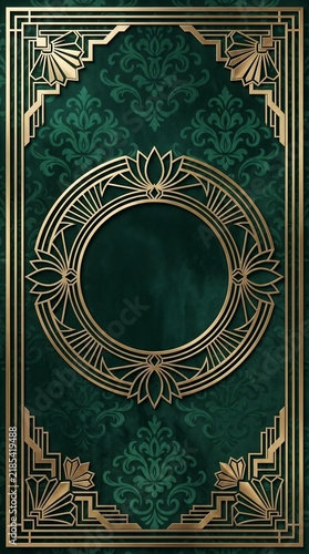 Vintage Art Deco gold geometric frame with a circular placeholder on a dark green textured damask background, classic design element for invitation or certificate template