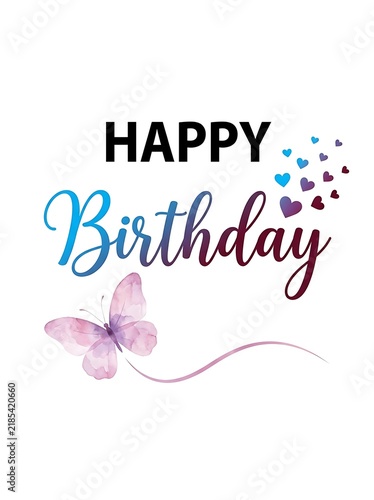 Happy Birthday greeting card design with watercolor butterfly and colorful heart icons