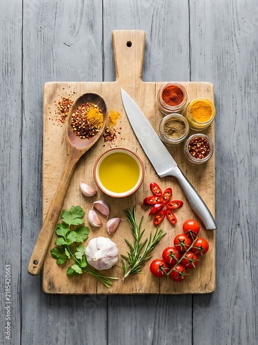 Fresh cooking ingredients with herbs and spices on a wooden cutting board