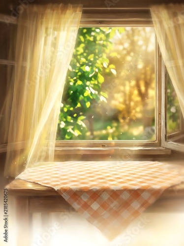 Open window with sunlight streaming onto a wooden table with a checkered tablecloth