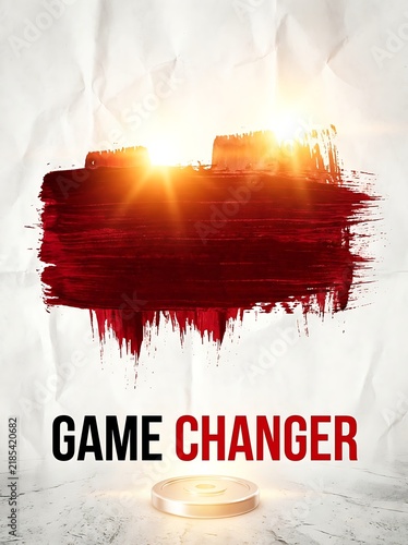 Game Changer text with red paint brush stroke on white crumpled paper background