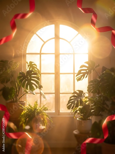 Sunlit arched window with indoor plants and festive red ribbons for holiday celebration