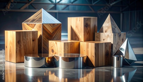 Wooden and Metallic Geometric Shapes and Pedestals