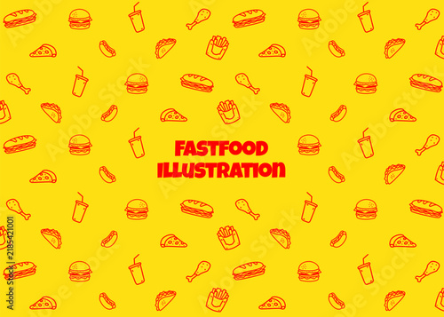 Seamless fast food. Burger, pizza, hotdog, fried chicken. Food illustration. Pattern with yellow background. Food packaging, menu illustration. Hand drawn print ads, food business, restaurant