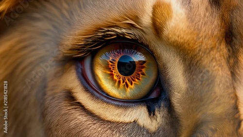 Firefly Extreme macro photorealistic footage of a single beautiful lion eye, unmistakable African lion