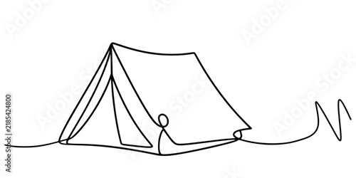 A minimalist tent illustration drawn with continuous lines, symbolizing camping and outdoor living