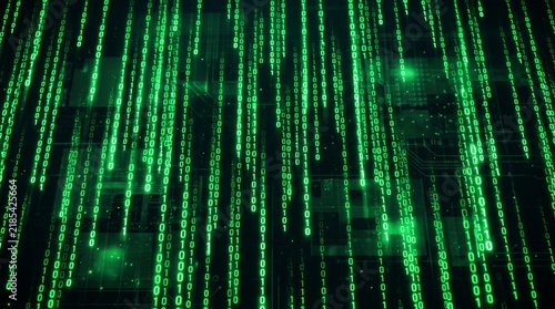 Obraz w ramie Green digital rain of binary code flowing down on a dark background