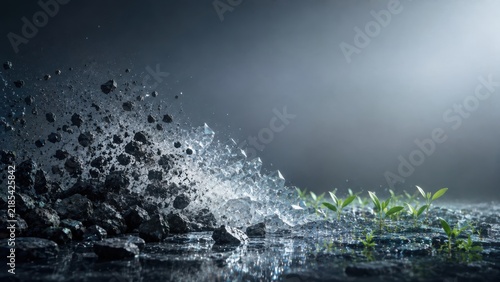 New life sprouts on wet ground amidst flying dirt