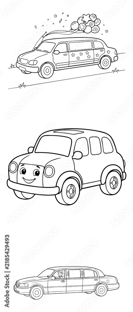Obraz premium Cute Cartoon Car and Limousine Line‑Art Illustrations, Fun Vehicle Coloring Pages, Smiling Cars with Balloons and Stars Design