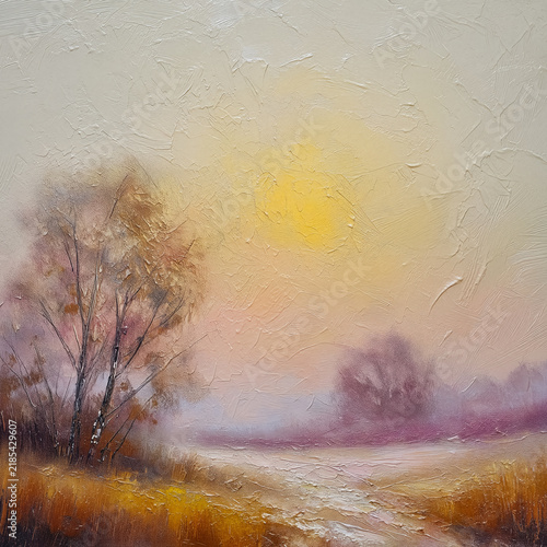 Textured oil painting of a misty autumn landscape