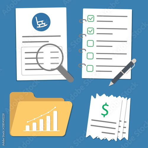 Retirement account review illustration showing account statements, financial records and review tools organized to evaluate savings, contributions and future account progress.