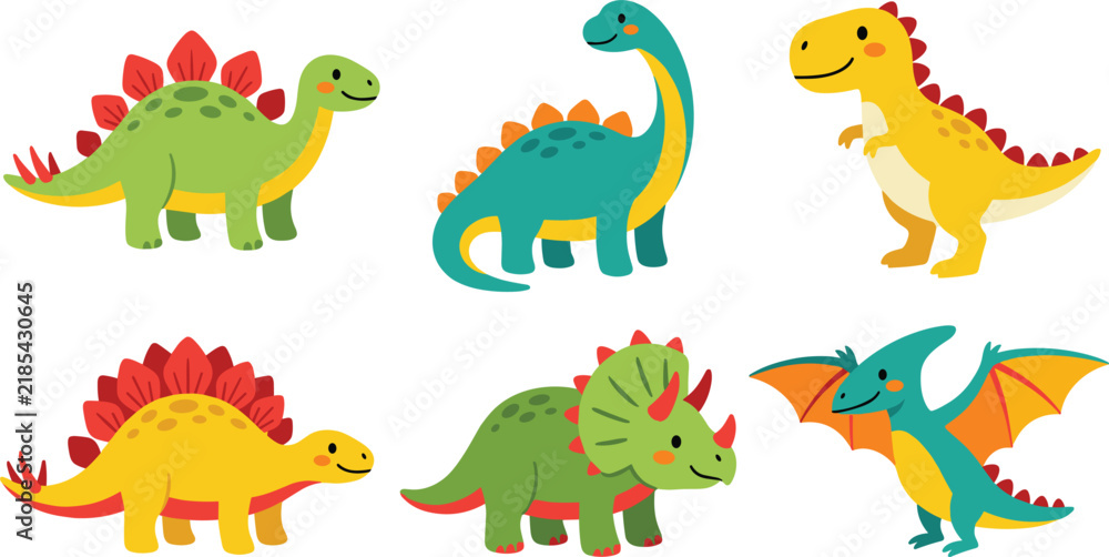 Naklejka premium Cute cartoon dinosaurs vector character set with colorful T-Rex, Stegosaurus, Triceratops, Brachiosaurus, and Pterodactyl, isolated on white background.