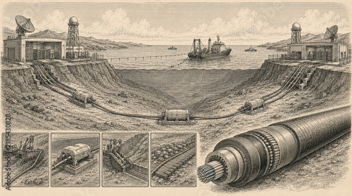 Detailed illustration of a submarine fiber optic cable system installation, showing land stations, cable-laying ship, ocean floor trenching, and a cross-section of the cable.
