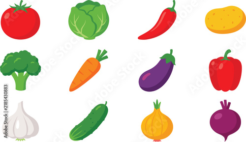 Fresh vegetables vector illustration set with flat cartoon tomato, broccoli, carrot, chili pepper, eggplant, bell pepper, and garlic, isolated on white background.