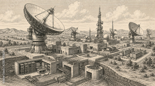 A detailed engraving of a vast communication and satellite ground station complex with multiple large dishes, towers, and buildings in an arid landscape.