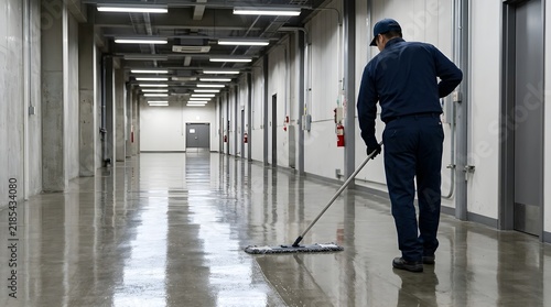 Professional janitor performing precision post-construction and facility handover cleaning in a polished industrial hallway to ensure high-standard commercial environment maintenance.