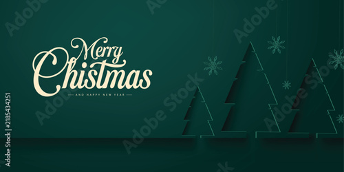 Minimalist Green Merry Christmas Banner With Cutout Pine Trees