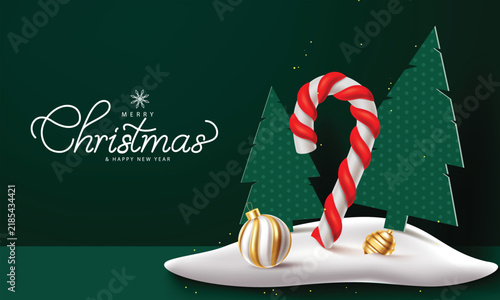 Festive Green Merry Christmas Banner With Candy Cane And Trees