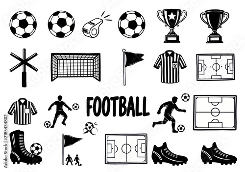 Foto Hand-drawn doodle set of various football and soccer elements, including balls, trophies, goals, fields, and player silhouettes