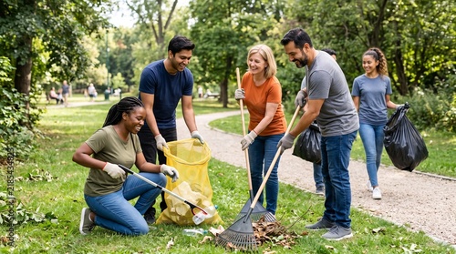 A group of diverse people cleaning a park together, collecting trash in bags and raking leaves. 