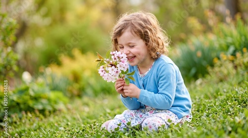 A young girl with curly hair is sitting in the grass and smelling a bouquet of pink flowers. 