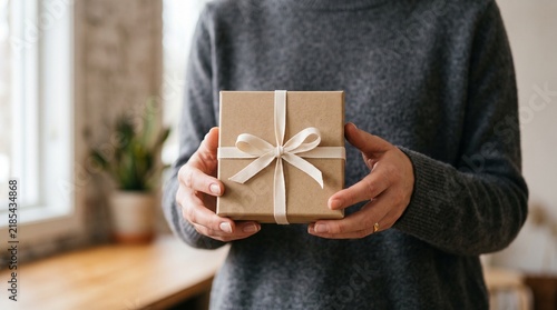 A person holding a beautifully wrapped gift box with a ribbon. 