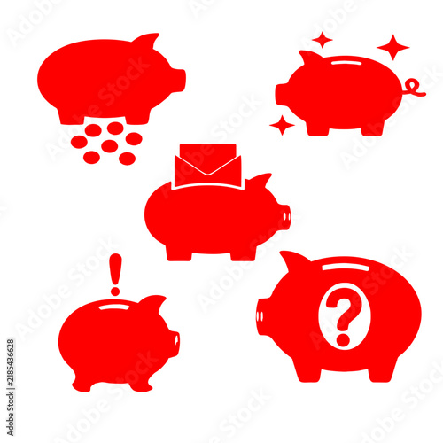 Set of Red Piggy Bank Icons - Savings, Budget, Finance Silhouette Vector