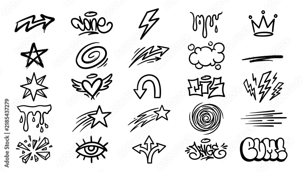 Fototapeta premium Set of hand-drawn graffiti elements, vector street art doodles, arrows, crowns, stars, and abstract symbols
