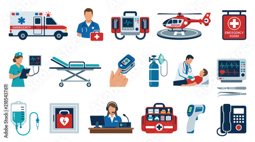 Emergency Medical Healthcare Flat Vector Icon Set: Ambulance, Doctor, Equipment  Services Collection