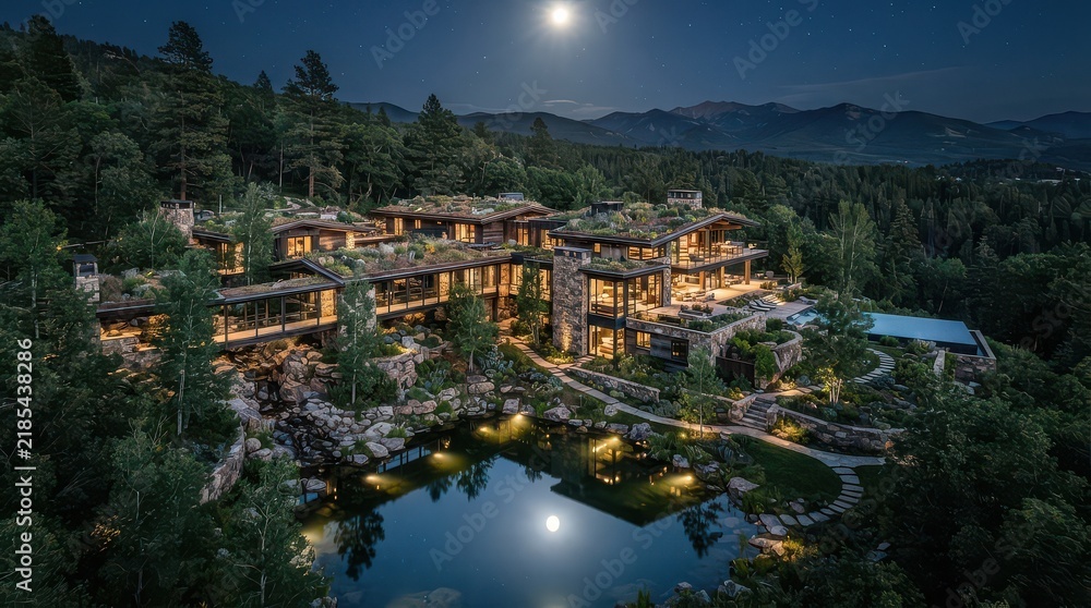 Fototapeta premium Large forest residence beside a landscaped pond with mountains under moonlight