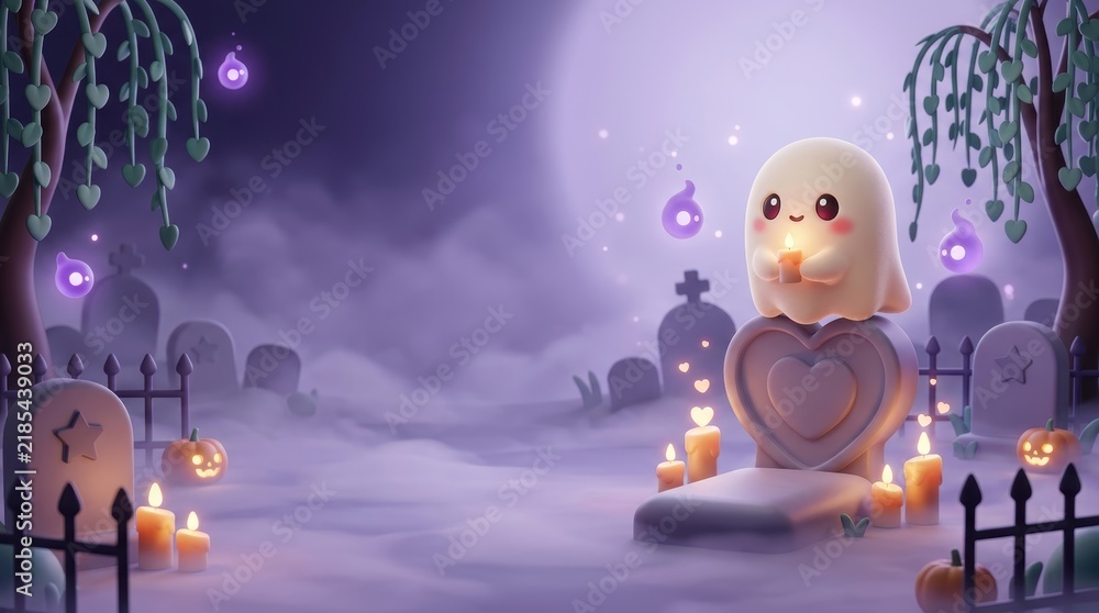 Naklejka premium 3D Kawaii Ghost Holding Candle on Heart Tombstone in Whimsical Spooky Cemetery at Twilight, Purple Mist Landscape with Large Copy Space for Halloween Memorial Banner