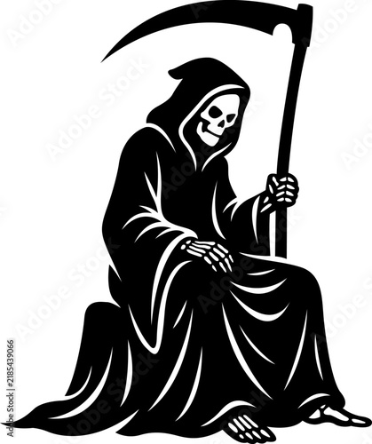Bild auf Leinwand Grim Reaper Sitting Silently With Scythe Monochrome Vector Illustration For Hall