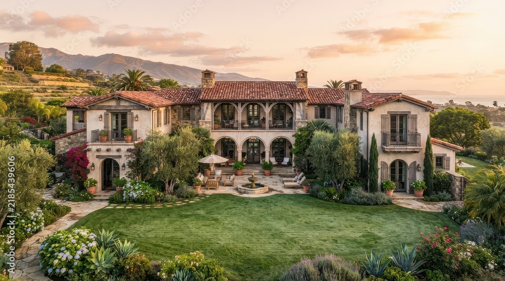 Obraz premium Mediterranean style villa with courtyard fountain and broad lawn near the sea