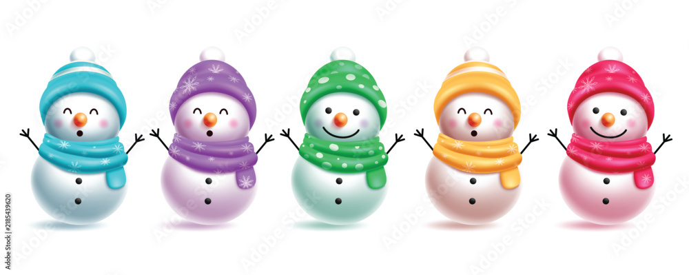 Obraz premium Cute Christmas Snowman Vector Character Set in Colorful Winter Beanies and Scarves Isolated Asset