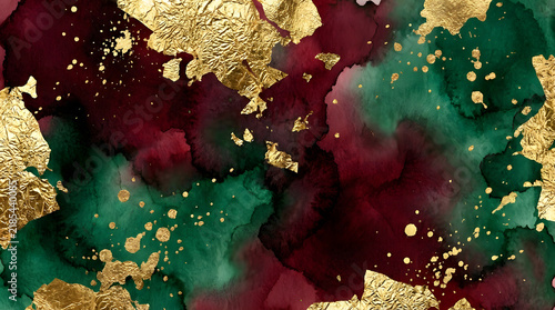 Abstract background featuring rich dark red and green watercolor washes accented with scattered gold foil flakes and metallic paint splatters.