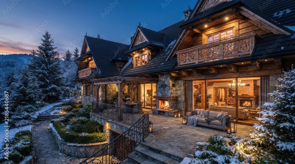Fototapeta premium Timber chalet with carved balconies and stone terrace in snow