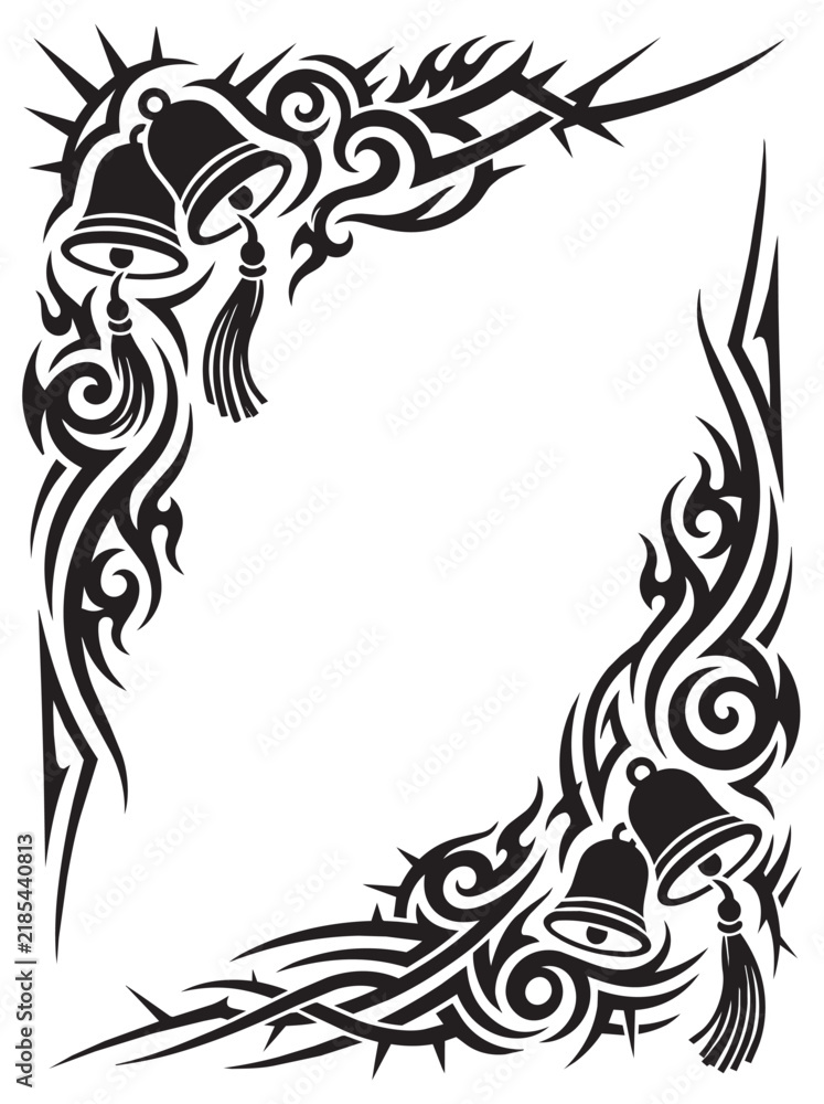 Obraz premium Tribal Tattoo Style Frame with Lucky Bell and Ornamental Tassel, Black and White Abstract Border Design with Central Copy Space
