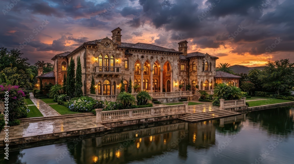 Fototapeta premium Stone waterfront mansion with pointed arch windows beneath sunset clouds