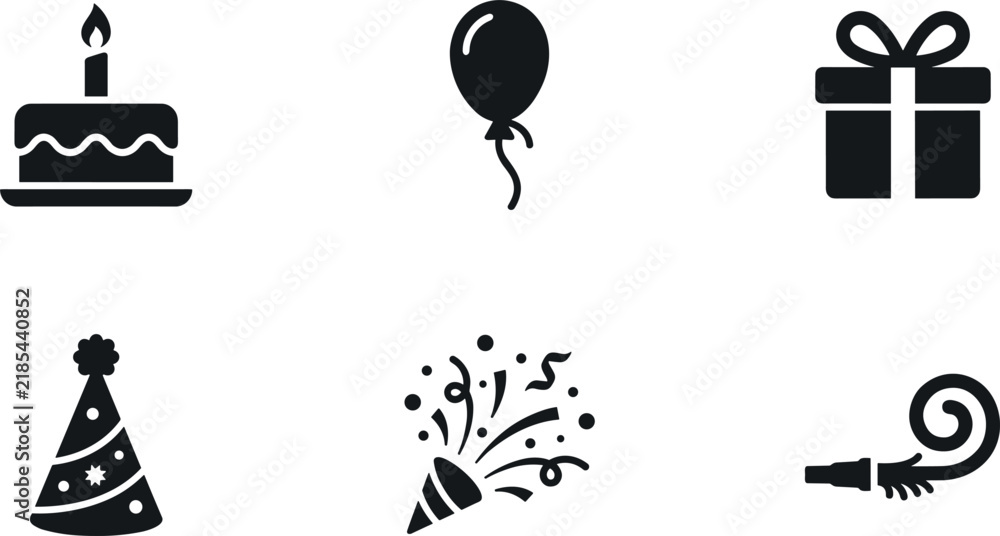 Fototapeta premium Birthday celebration black silhouette icon set featuring cake balloon gift box party hat confetti popper and noisemaker flat vector design