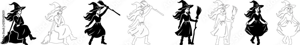 Fototapeta premium Set of artistic hand-drawn witch silhouettes and linear sketches for Halloween magic themes and mysterious fantasy character design elements